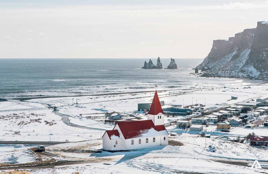 Vik Town Covered In Snow Aerial View