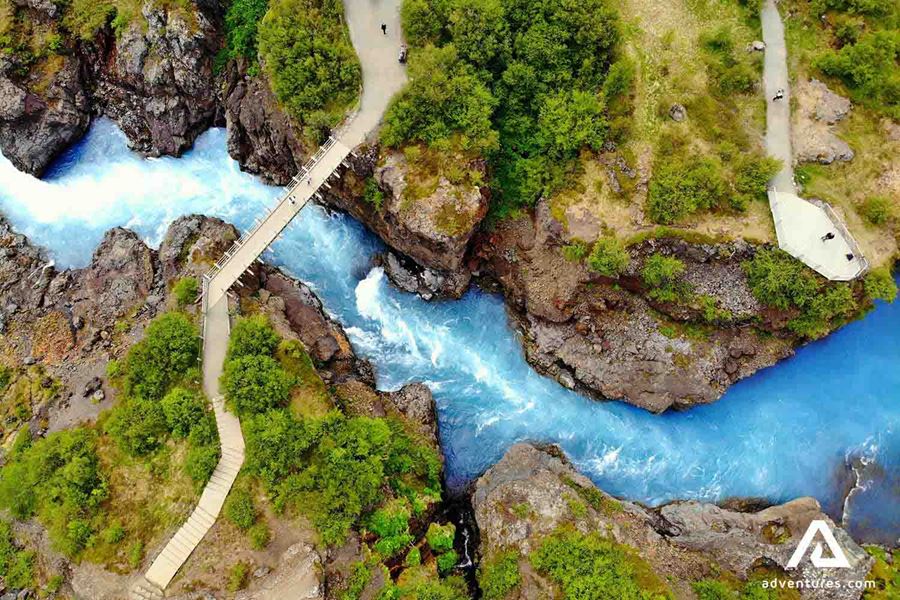 a view of barnafossar waterfall from above
