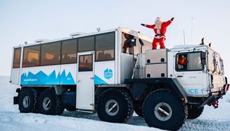 Yule Lad Atop Glacier Monster Truck in iceland