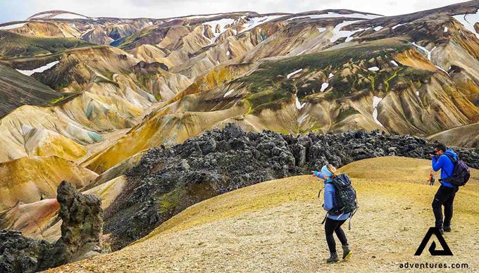 hiking through landmannalaugar mountains
