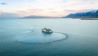 Boat On A Whale Watching Tour Drone View in iceland