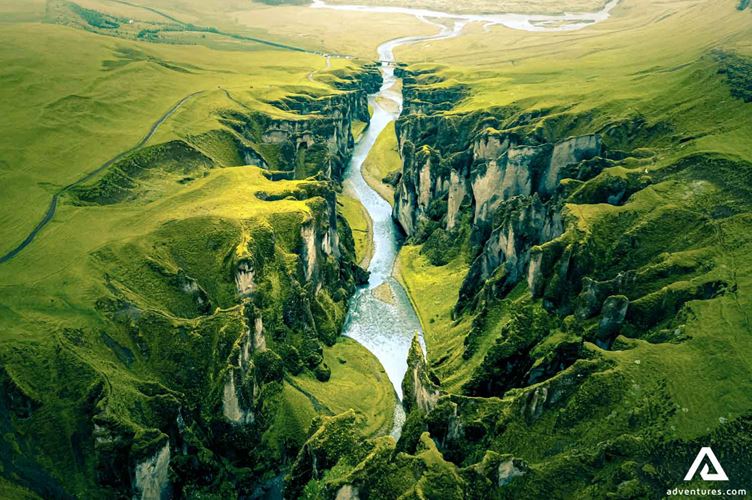aerial view of Fjadrargljufur Canyon in Iceland