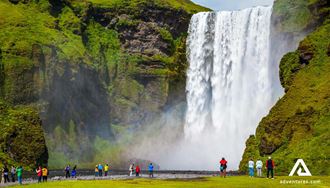 skogafoss waterfall view in summer in iceland