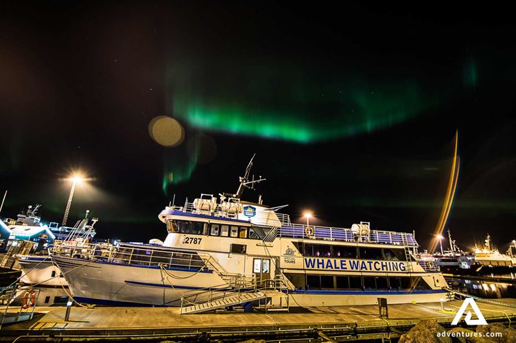 boat in the reykjavik docks at night