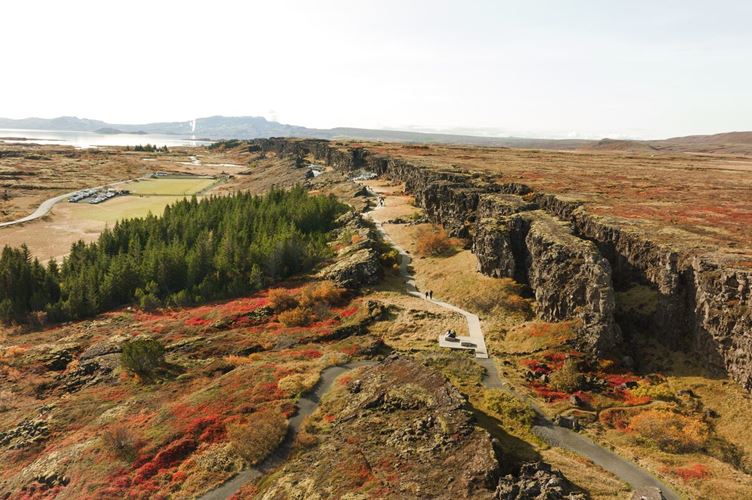 Path between two tectonic plates in thingvellir in autumn