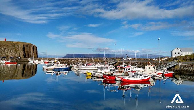 stykkisholmur town harbor in summer