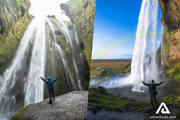 spreading arms near gljufrabui and seljalandsfoss waterfalls