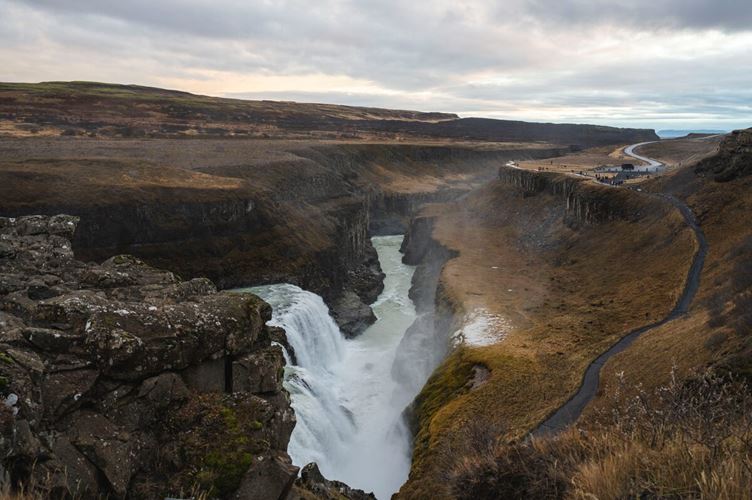 Gullfoss waterfall from ariel view in autumn landscape surrounding falls