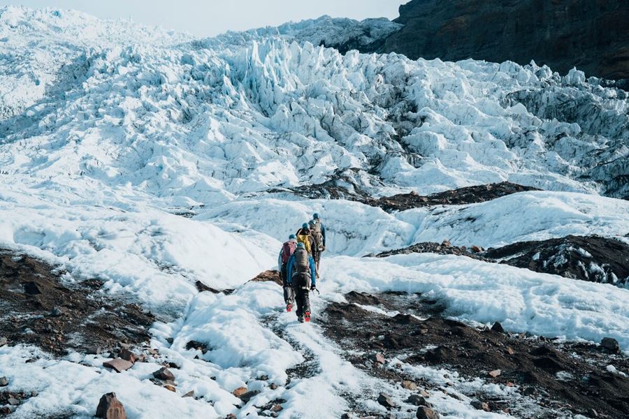 Small group tour crossing glacier at Vatnajokull.