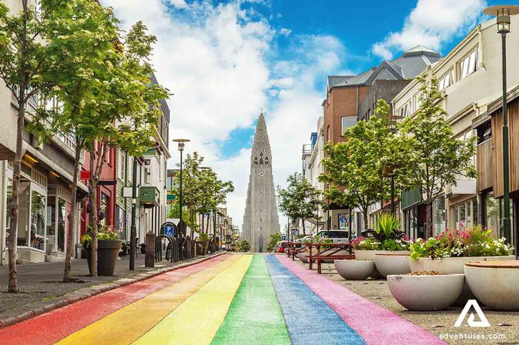 rainbow painted street in reykjavik iceland