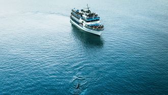 People On A Whale Watching Tour On A Boat Looking At A Whale in iceland