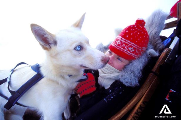 Happy Woman petting a snow dog in Norway