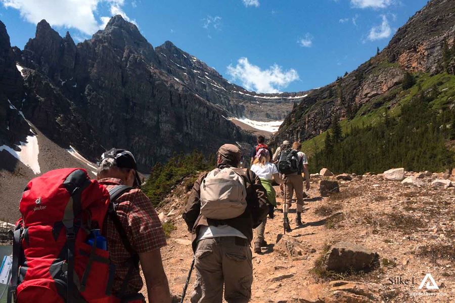 group of backpackers in mountains