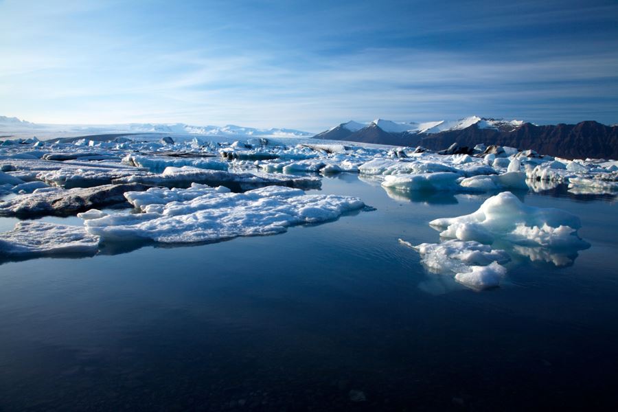 Jökulsárlón Glacier Lagoon on a sunny day in Iceland.