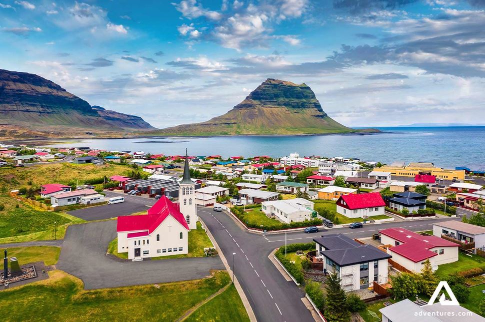 Grundarfjordur Town Aerial View near kirkjufell