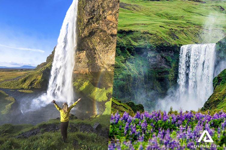 a view of skogafoss and seljalandsfoss waterfalls in summer