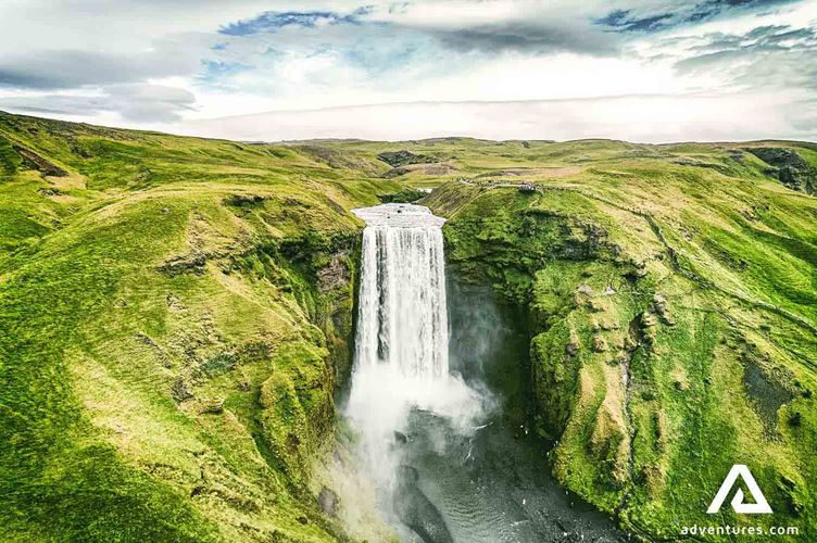 skogafoss waterfall birds eye view in summer