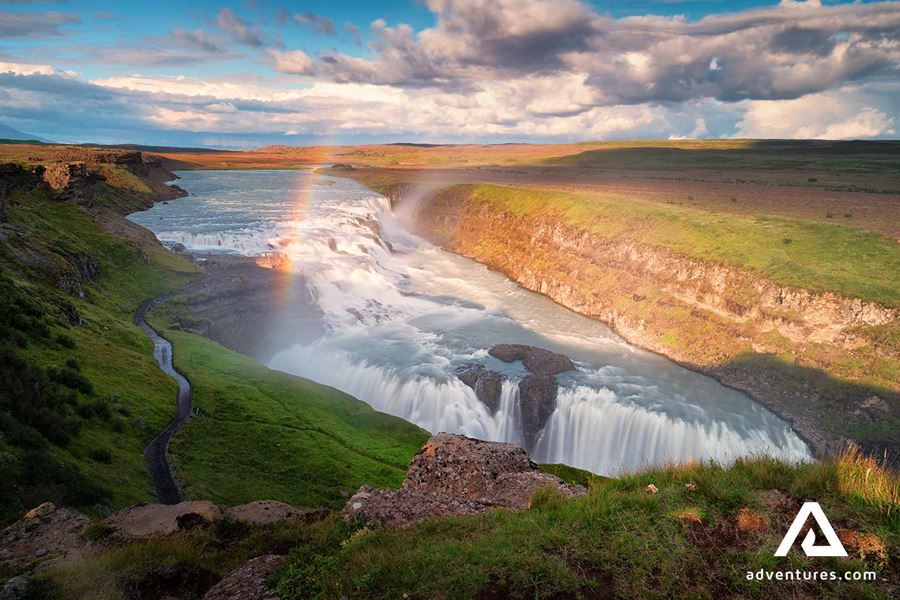 midnight sun setting near gullfoss