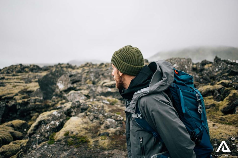  Man Hiking in Icelandic Lava Fields